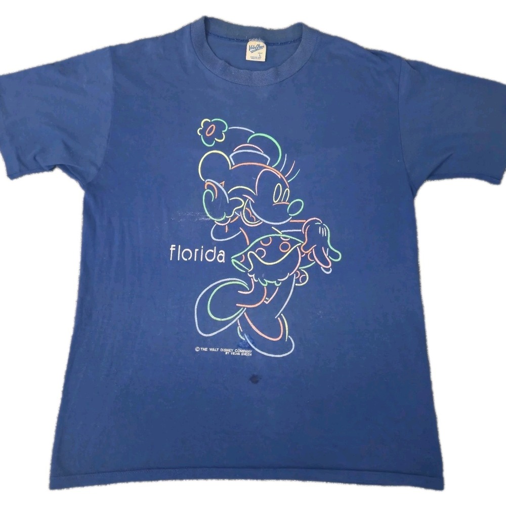 Vintage Florida Velva Sheen Minnie Mouse T-Shirt Adult Size L Blue VTG